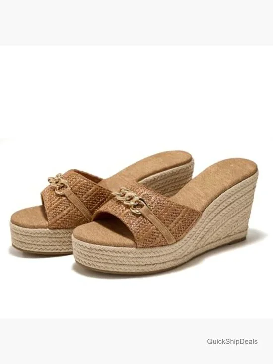 Raffia Wedge Espadrilles Sandals with Chain Detail Slip On Slides - Picture 4 of 7